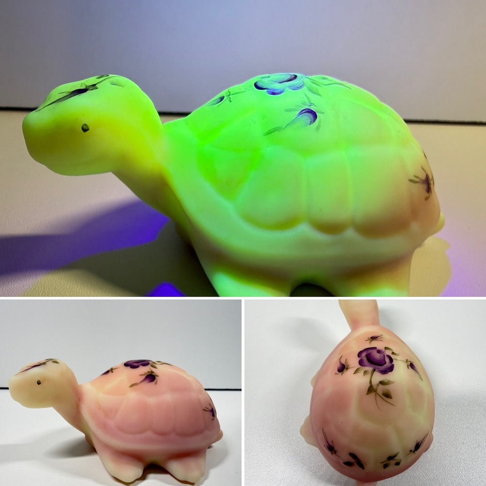 Fenton Burmese Uranium Glass Turtle Figurine Hand Painted Purple Roses GLOWS 4"
